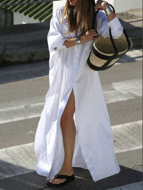 Long Sleeves Loose Buttoned Solid Color Split-Side Lapel Maxi Shirt Dress