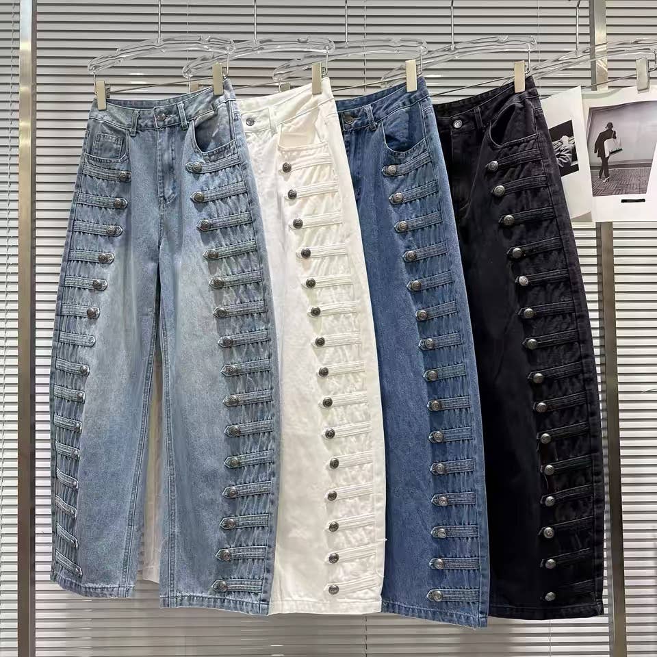 DY40Y Metal Button Wide Leg Barrel Denim Jeans