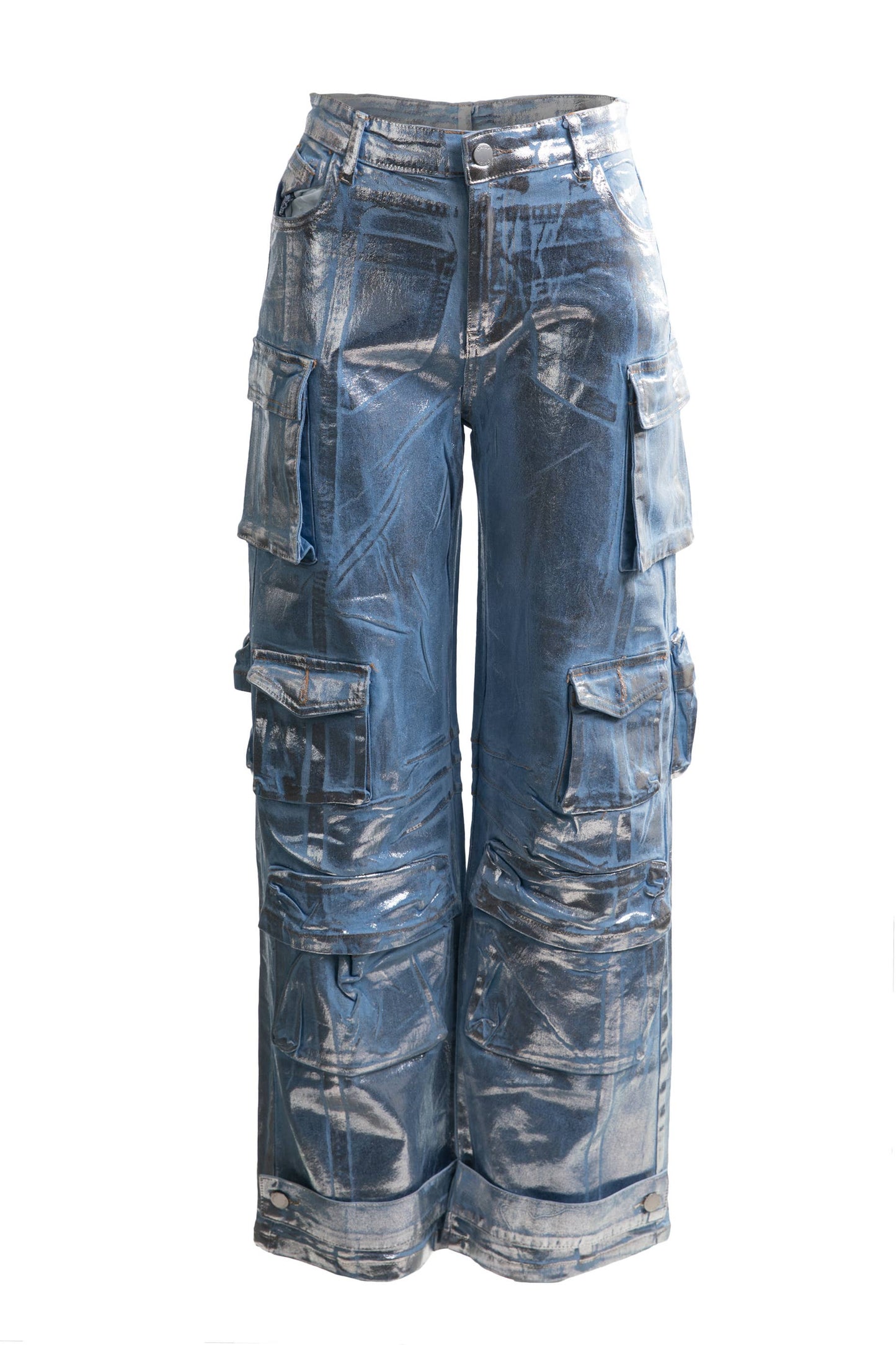 FOIL CARGO WIDE LEG JEANS - GOLD