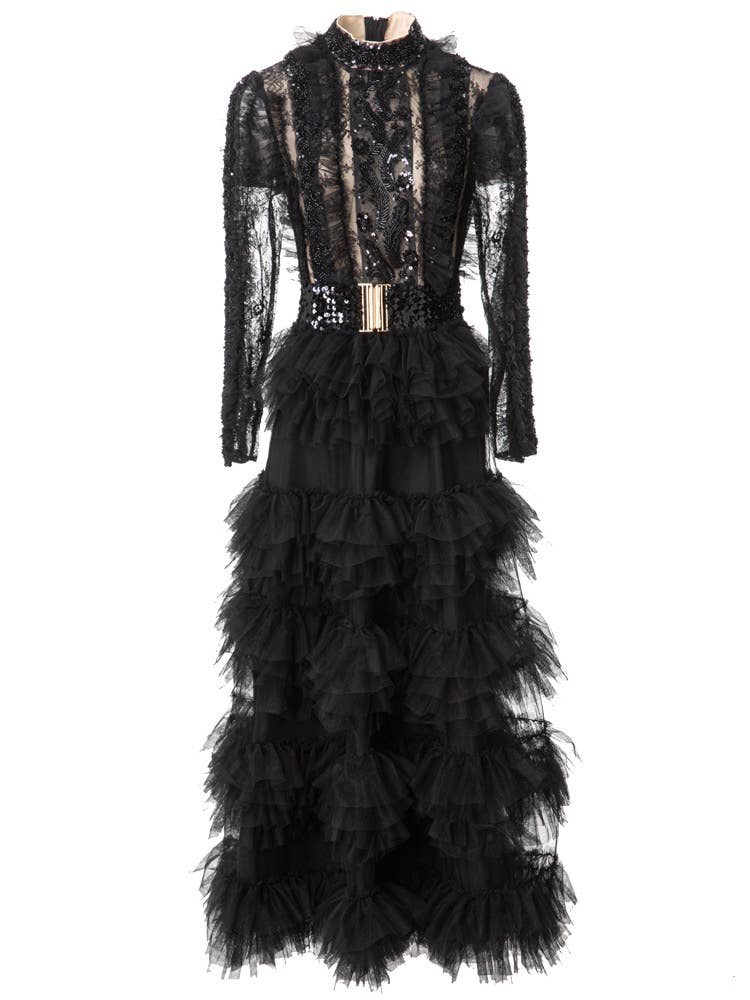 DR819L Hand-Beaded Sequin Ruffled Stand Collar Maxi Dress