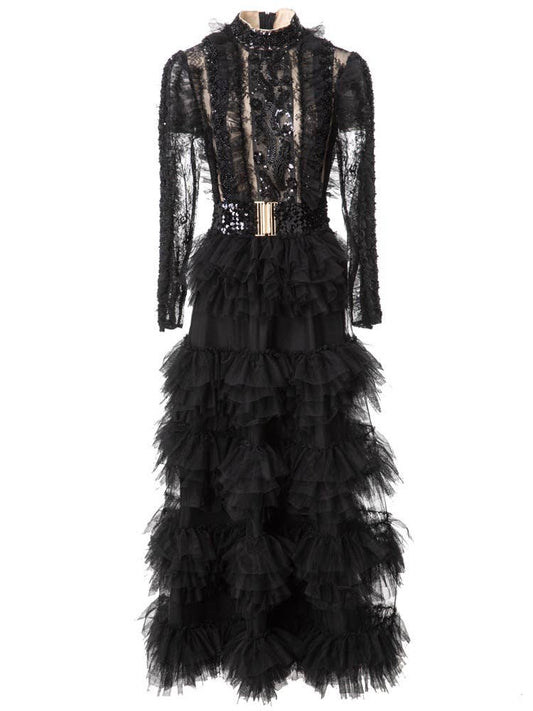 DR819L Hand-Beaded Sequin Ruffled Stand Collar Maxi Dress