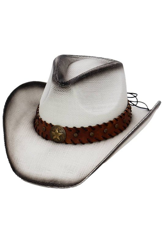 Star Stitched Belt Hard Shell Straw Cowboy Hat