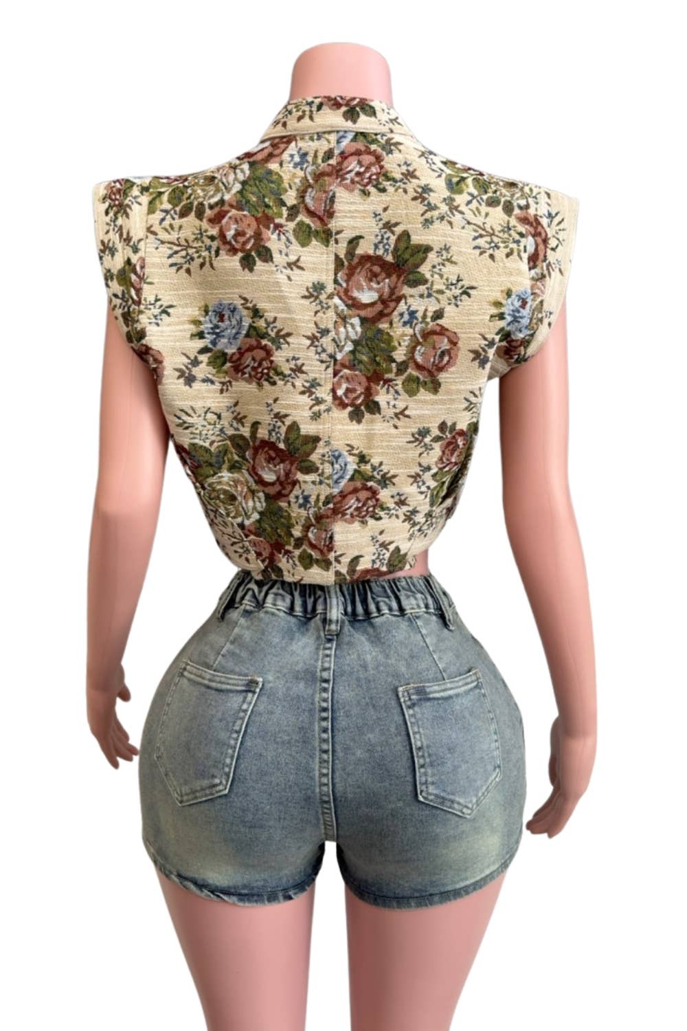 NT1139A Jacquard Floral Zipper Crop Vest