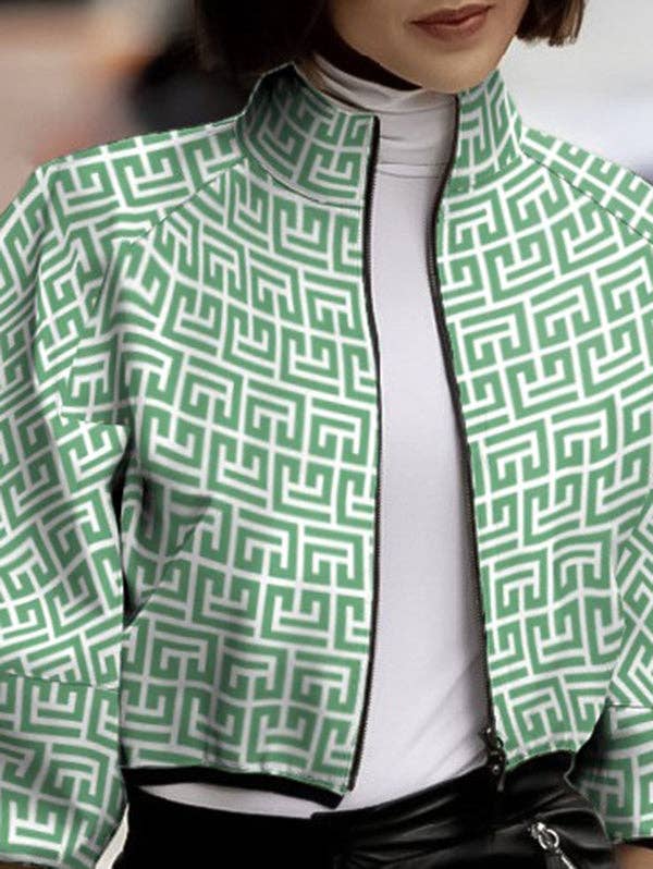 Loose Puff Sleeves Printed Stand Collar Outerwear