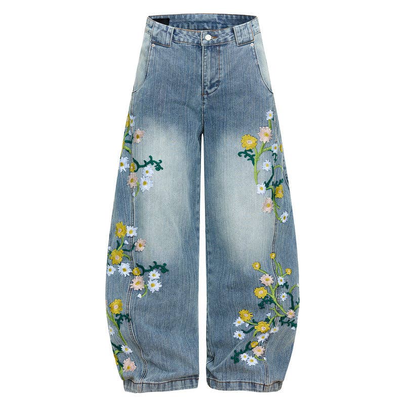 Vintage Floral Embroidered Denim Wide-Leg Trousers