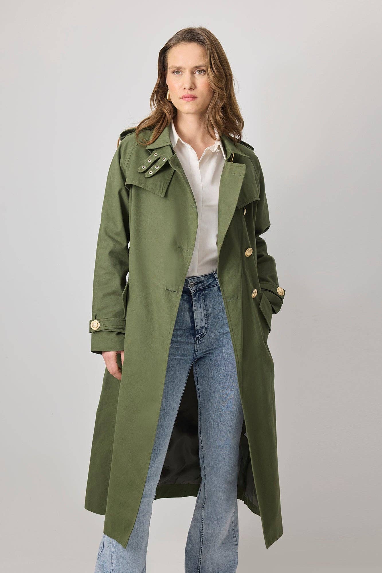 BELTED COTTON TRENCH COAT WITH GOLD BUTTON DETAIL