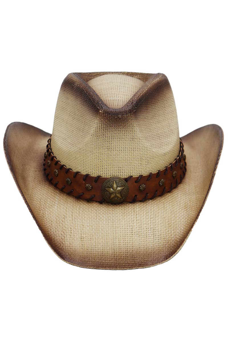 Star Stitched Belt Hard Shell Straw Cowboy Hat