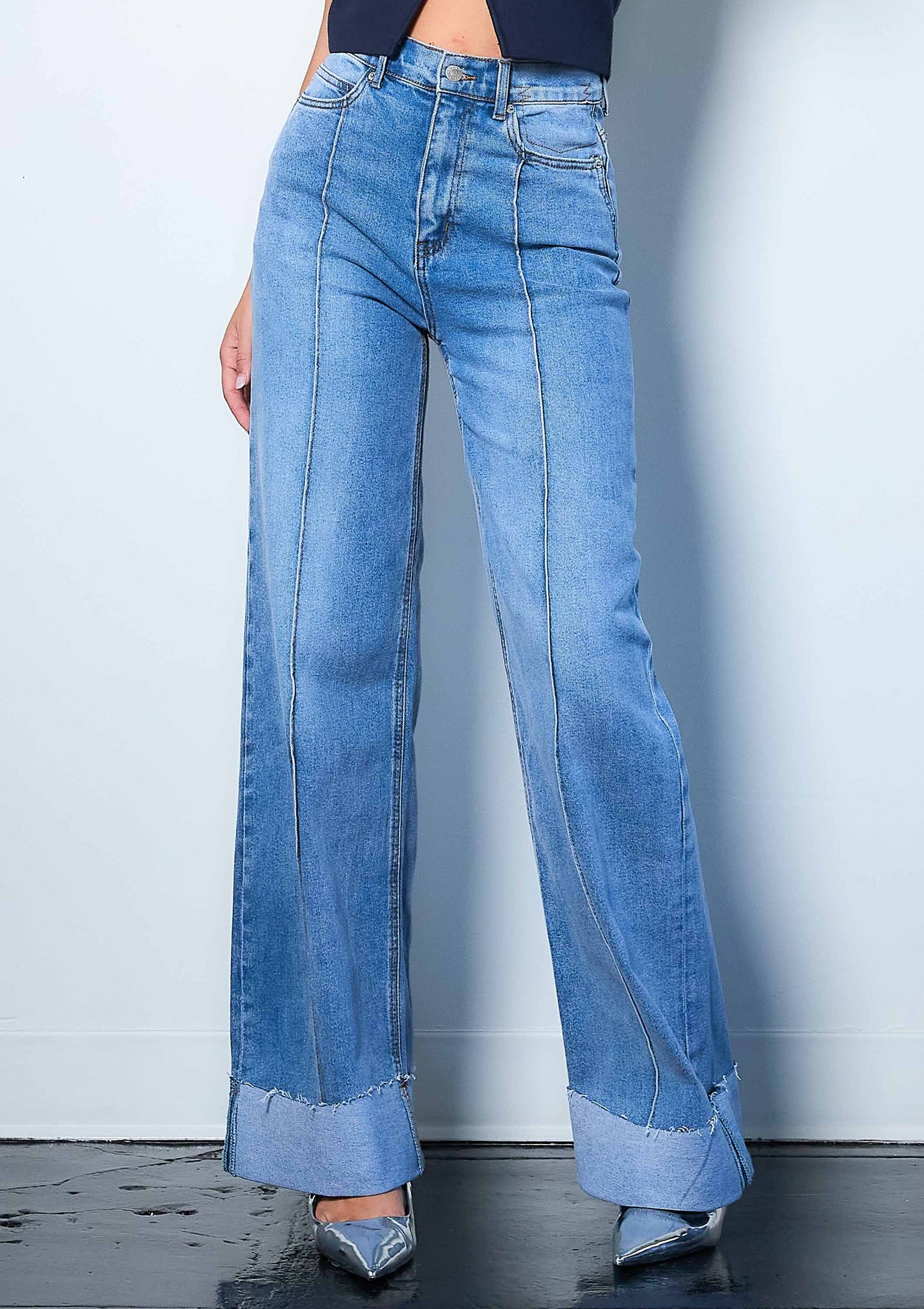 Folded Hem Wide Leg Jeans