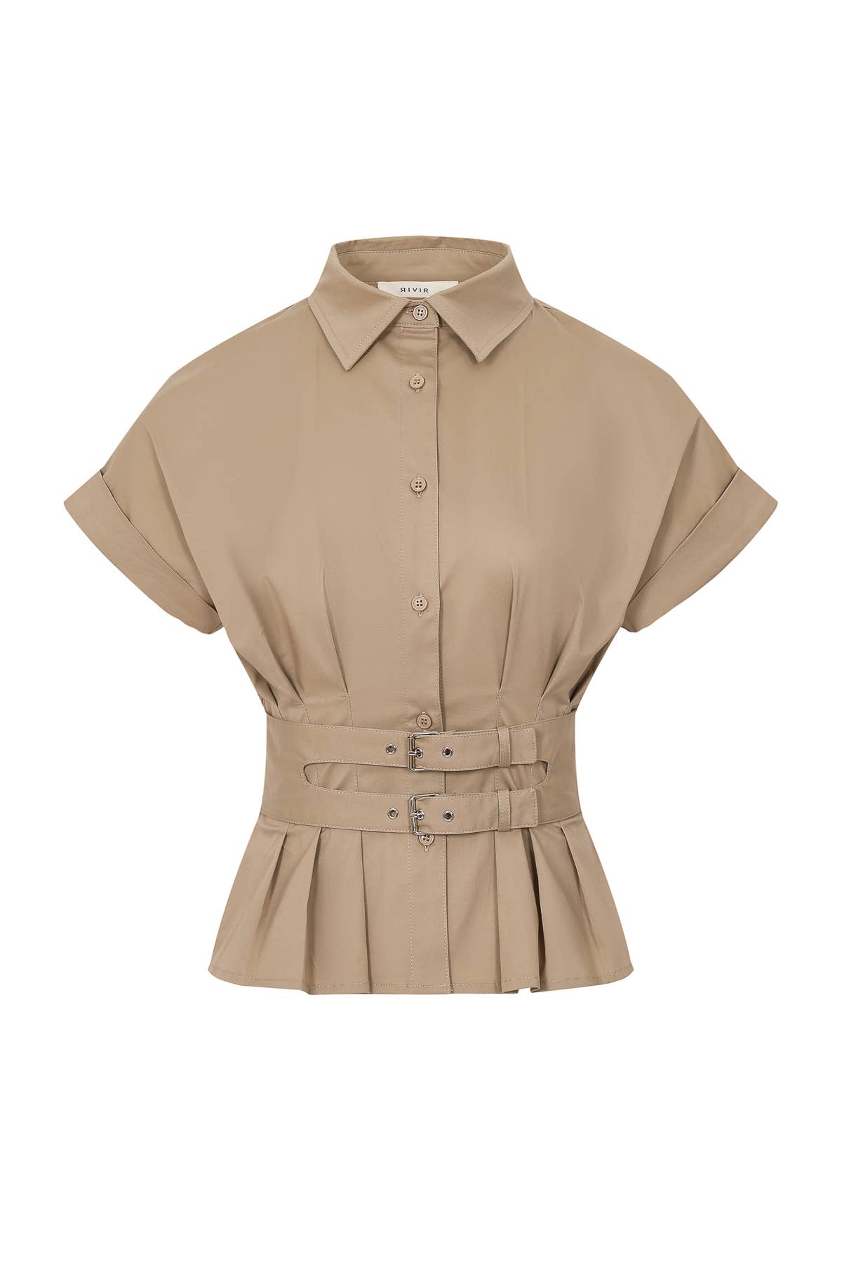 Belted Contour Woven Pleated Short Sleeve Top