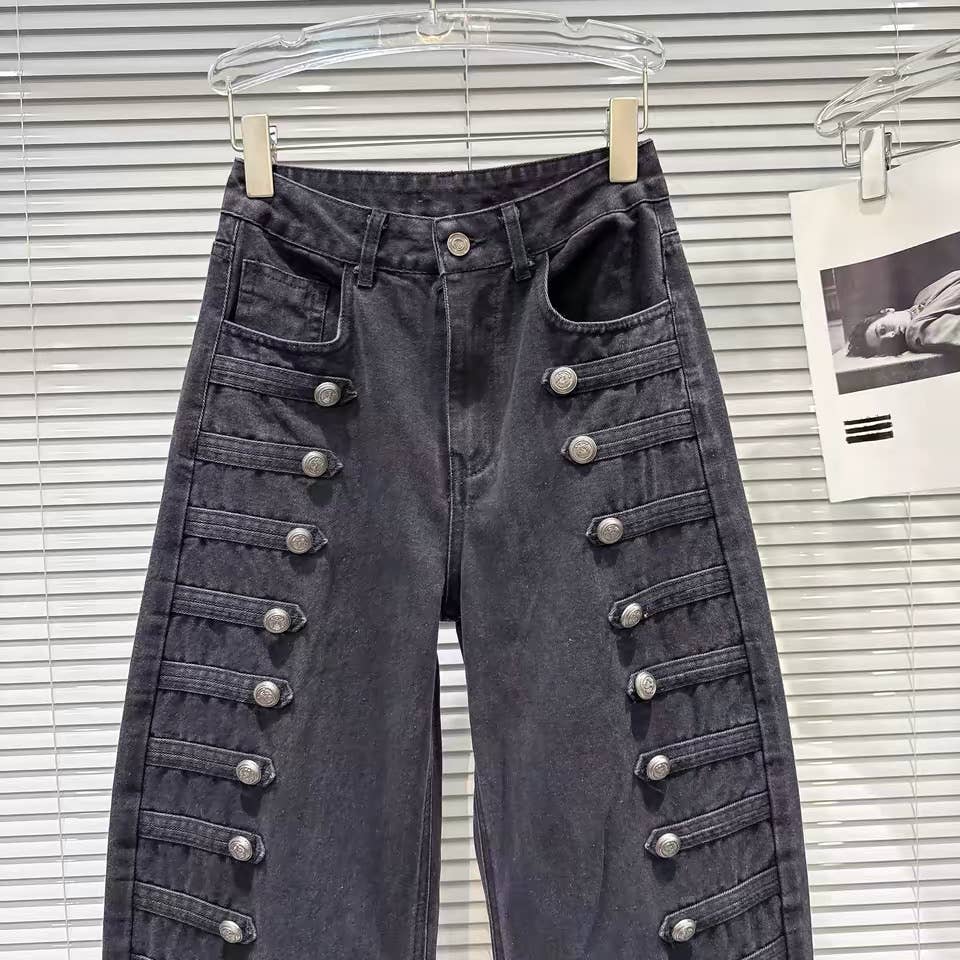 DY40Y Metal Button Wide Leg Barrel Denim Jeans