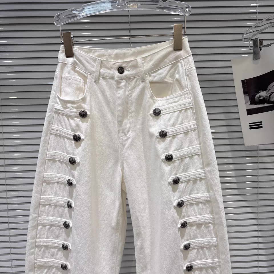 DY40Y Metal Button Wide Leg Barrel Denim Jeans