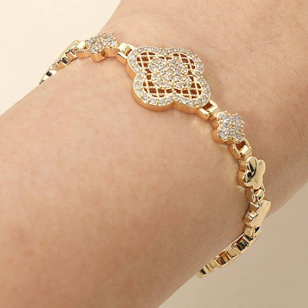 CZ Pave Quatrefoil Charm Accent Link Bracelet