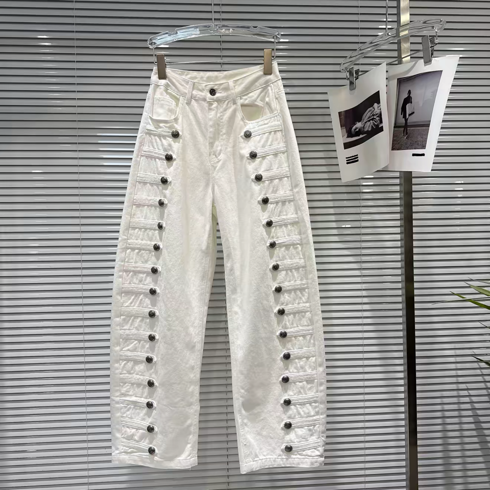 DY40Y Metal Button Wide Leg Barrel Denim Jeans