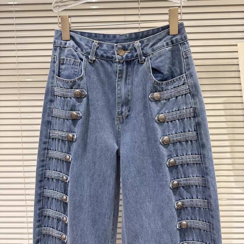 DY40Y Metal Button Wide Leg Barrel Denim Jeans